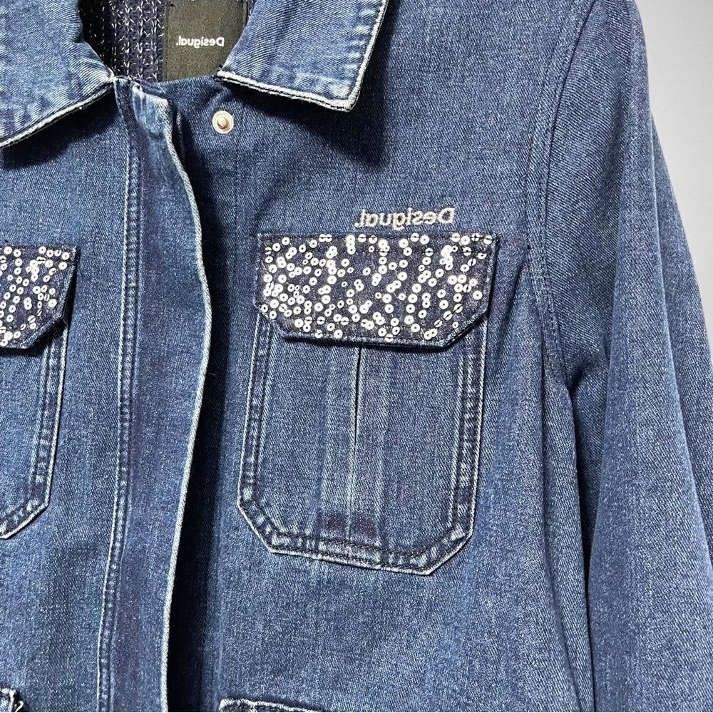 NWT DESIGUAL Mizuki Denim Sequin Belted Parka Jacket XL - Picture 4 of 16